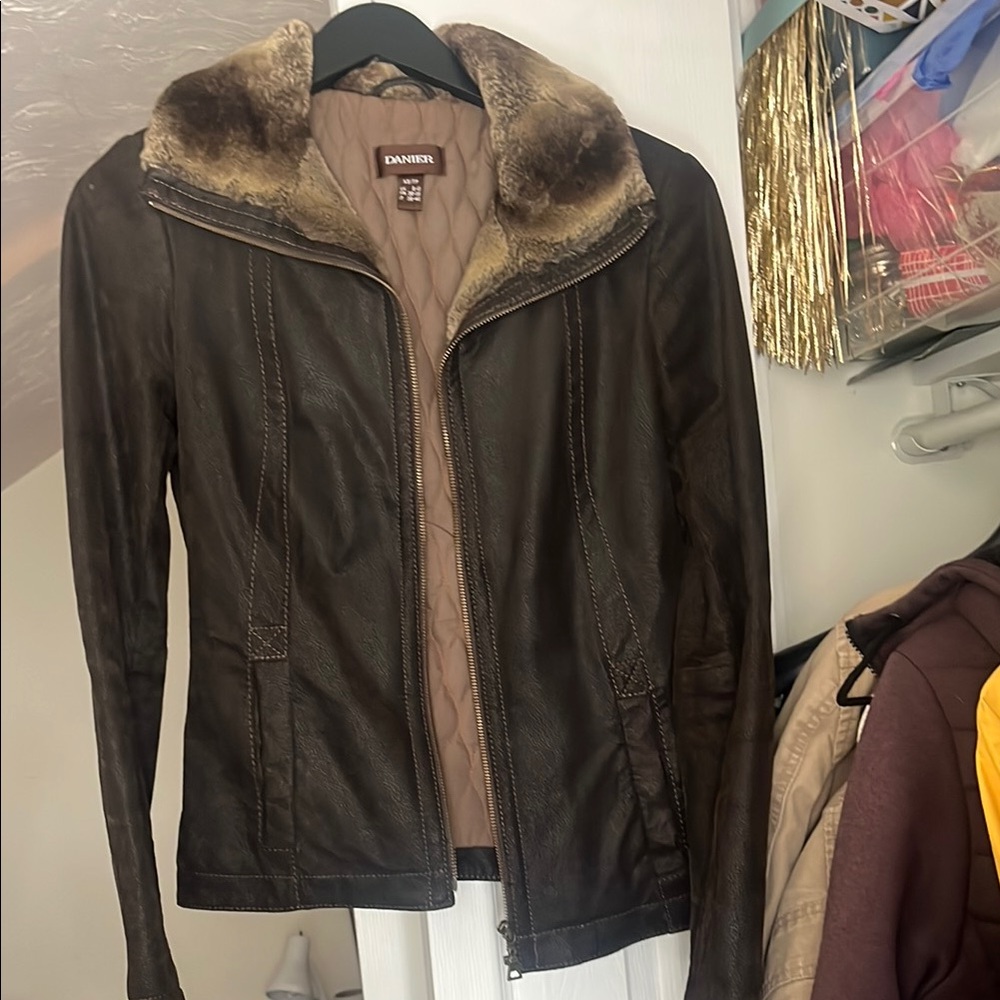 Danier Brown Leather Jacket with Faux Fur Collar